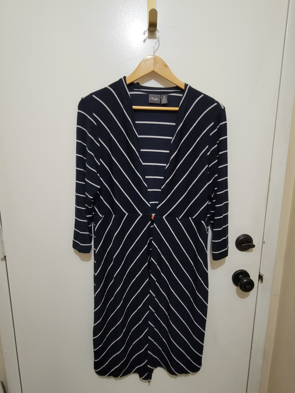 Travelers By Chico's Navy and White Striped Long Sleeve Duster. Lightweight.